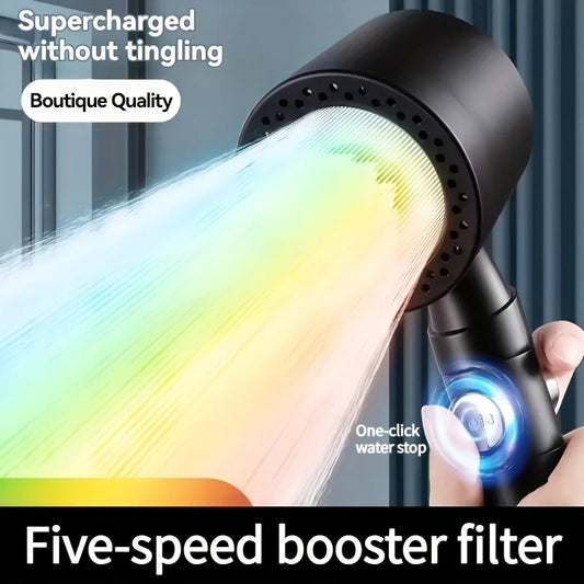 1pc 5-Mode Shower Head - ABS Handheld with Filter | One-Touch Control & Ergonomic Grip, Bathroom Essentials for Family Use
